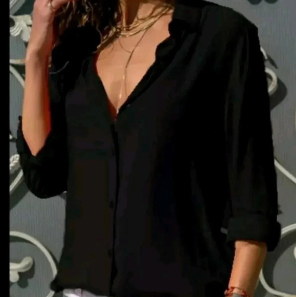 Brand New Chiffon Long Sleeve Button Down Shirt Blouse Wmn's V-neck Tops Black M - Picture 1 of 6